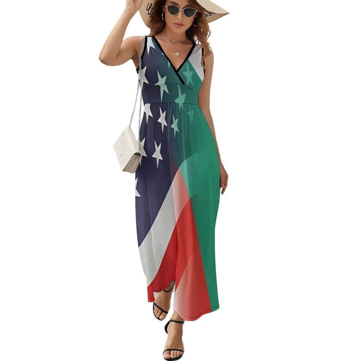 Robe longue d'été sans manches à col en V pour femme, avec drapeaux des États-Unis et de la Bulgarie.