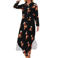 Robe-chemise tendance pour femme, motif vin et fromage, boutonnée, manches longues, maxi, robe d'été