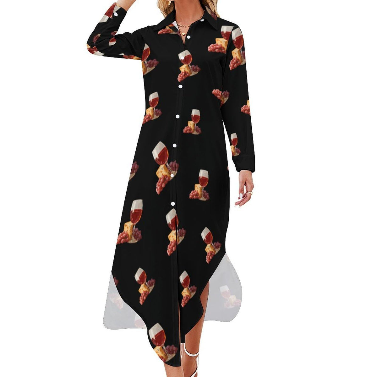 Robe-chemise tendance pour femme, motif vin et fromage, boutonnée, manches longues, maxi, robe d'été