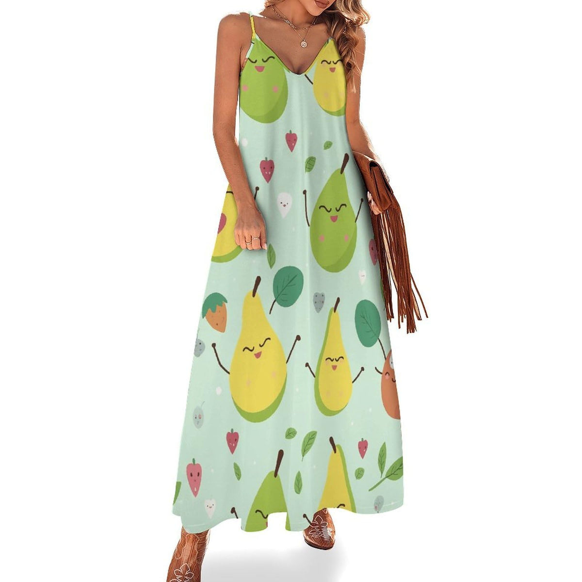 Robe longue maxi fluide et décontractée à motif poires pour femme, idéale pour l'été, les cérémonies et les mariages. Parfaite pour les invitées.
