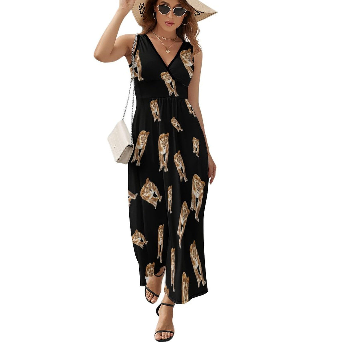 Robe longue sans manches à imprimé lionne, col en V, style décontracté, style débardeur.