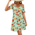 Robe courte d'été décontractée à épaules dénudées et manches à volants, motif carottes, tomates et bananes, pour femme.