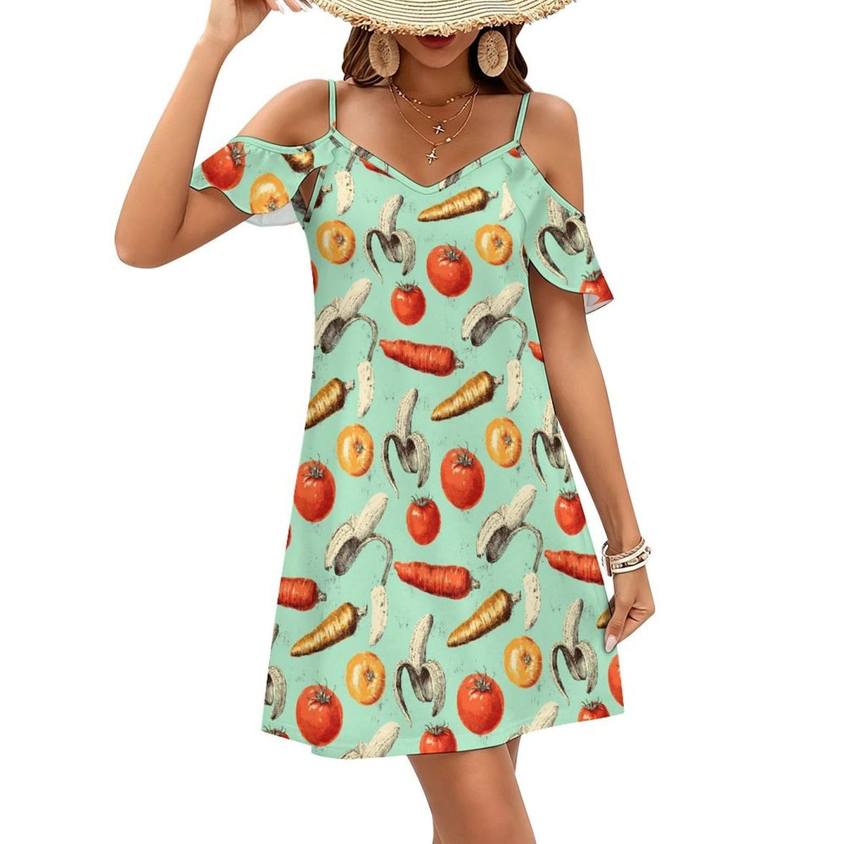Robe courte d'été décontractée à épaules dénudées et manches à volants, motif carottes, tomates et bananes, pour femme.